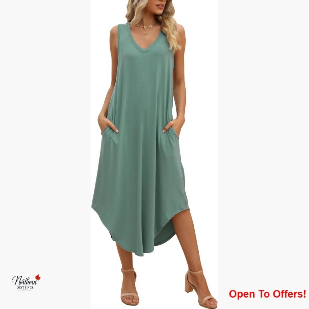 Rayon Spandex Sleeveless V-Neck Maxi Midi Dress with Pockets